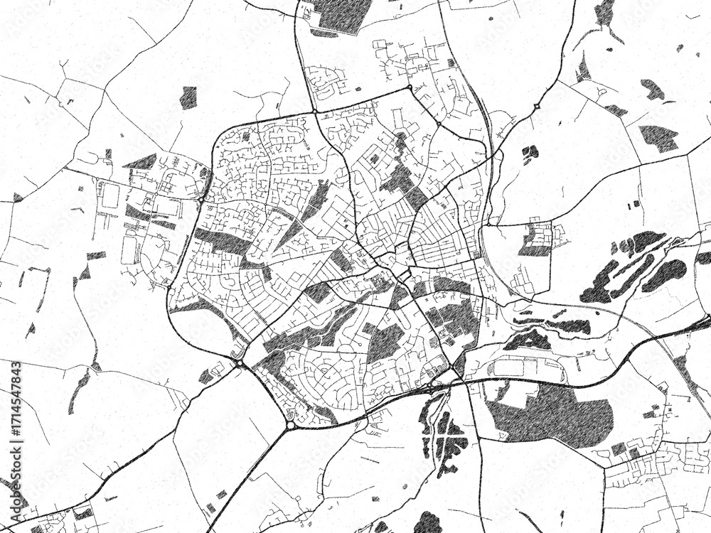 Obraz premium Detailed artistic sketch map of Wellingborough, United Kingdom, in monochrome black and white.