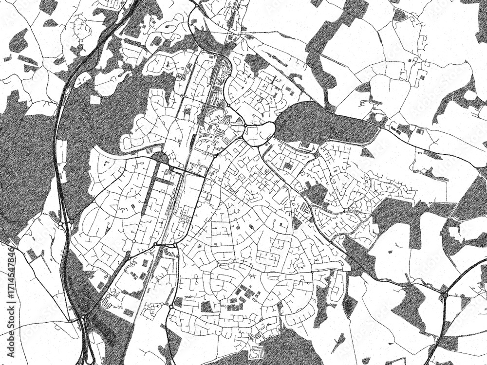 Fototapeta premium Stylized decorative city map of Welwyn Garden City, United Kingdom, hand-drawn in black and white.