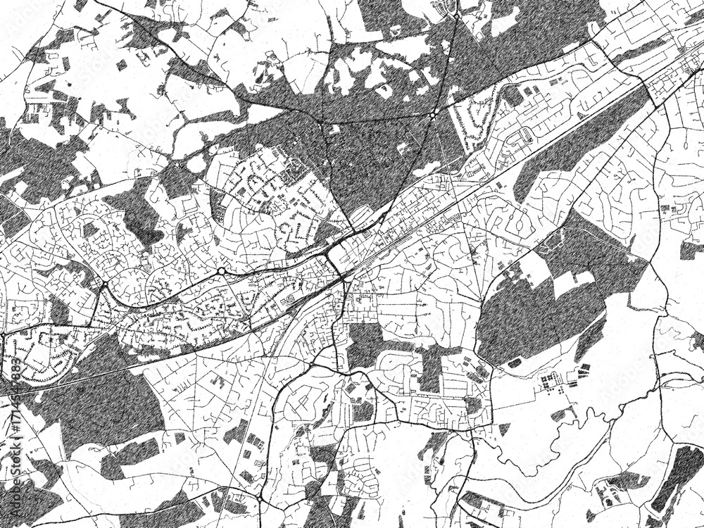Fototapeta premium Hand-drawn black and white city map of Woking, United Kingdom, ready for wall art or editorial projects.