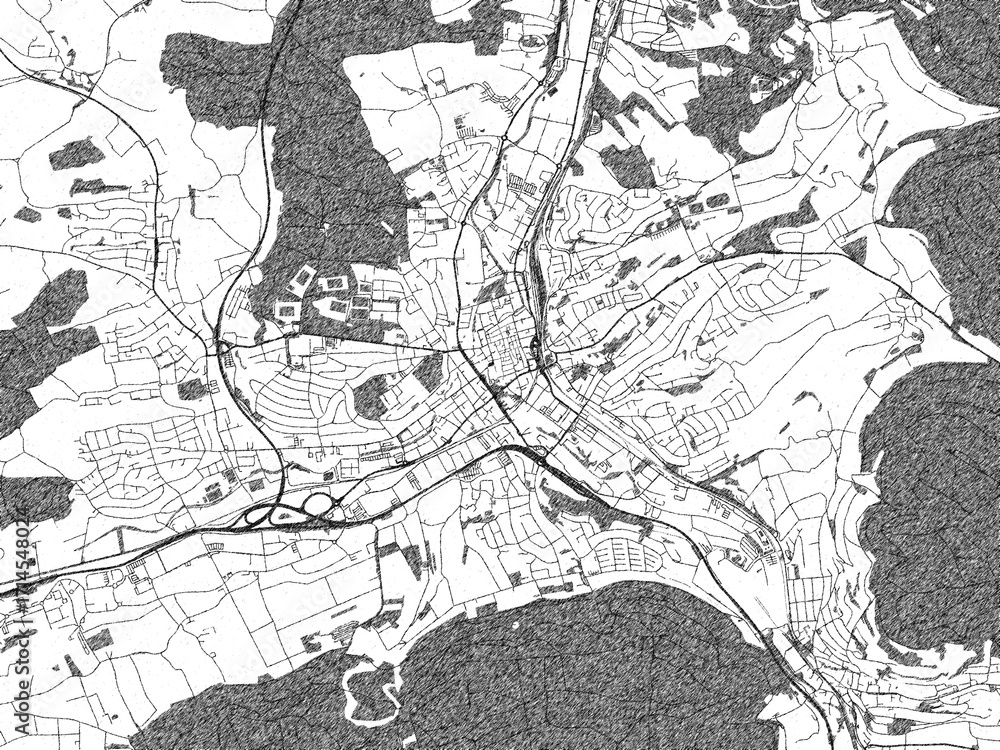 Fototapeta premium Illustrated city map of Aalen, Germany, in black and white, showing roads and textures.