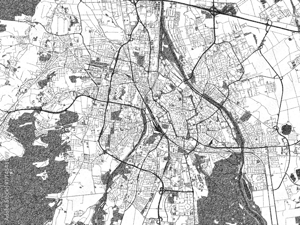 Naklejka premium City map illustration of Augsburg, Germany, rendered in black and white sketch style.