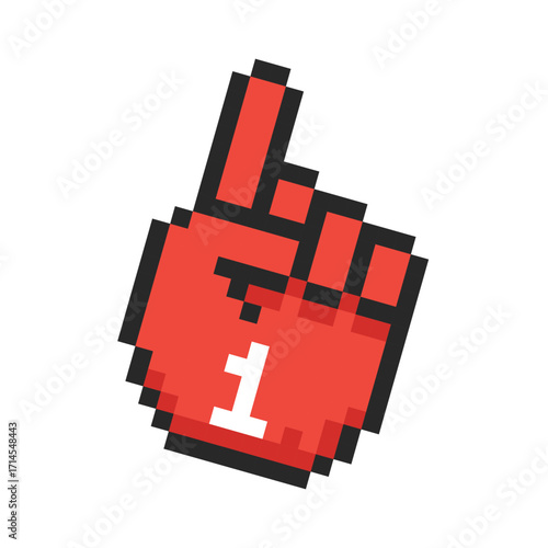 Pixel fan hand, Foam fan finger hand with number one. Pixel fan arm glove with finger up, support for the team in the sports championship.
