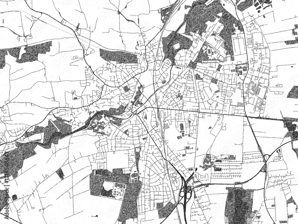 Fototapeta premium Stylized black and white urban map of Dachau, Germany, hand-drawn for decor and creative use.