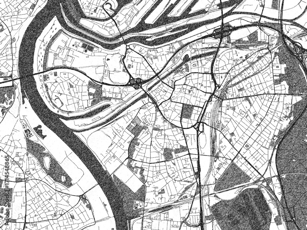 Fototapeta premium Artistic monochrome city map of Duisburg, Germany, created in a hand-drawn style.