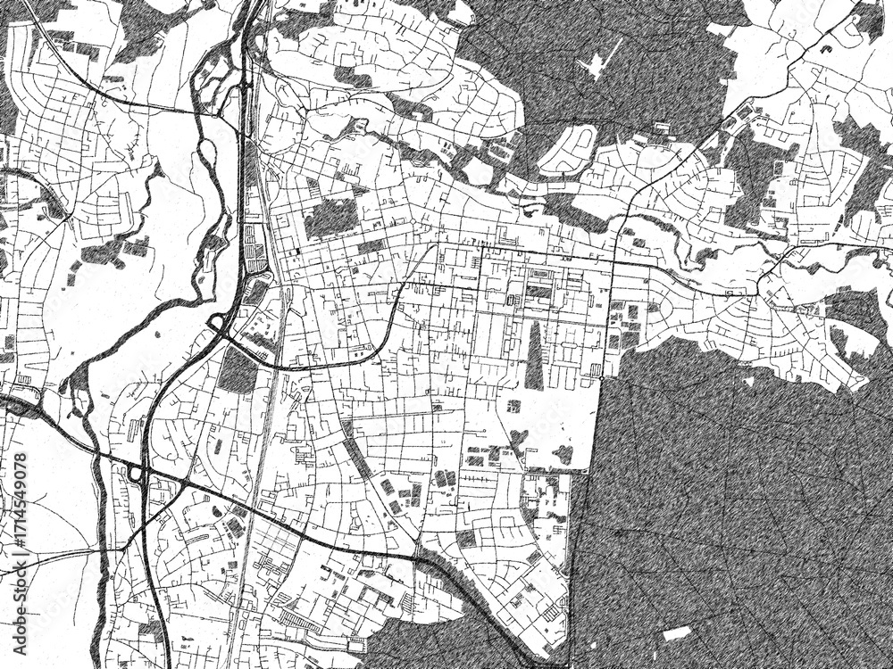 Fototapeta premium Detailed artistic sketch map of Erlangen, Germany, in monochrome black and white.