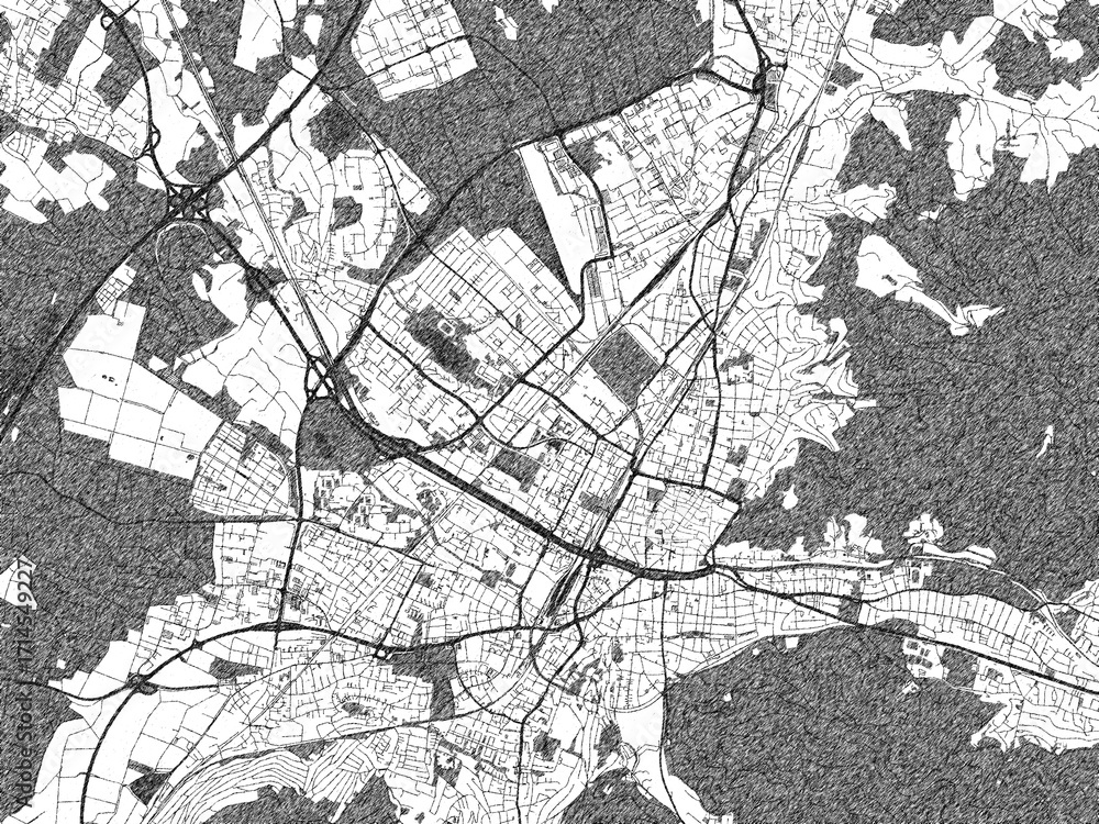 Obraz premium Hand-drawn style black and white city map of Freiburg im Breisgau, Germany, with detailed streets and textures.