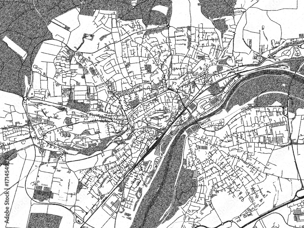Naklejka premium Black and white illustrated map of Freising, Germany, with streets, rivers, and neighborhoods.