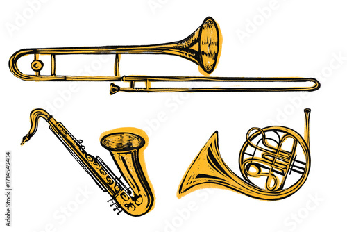 Photography trumpet gold saxophone Musical Instruments Wind Instruments Sketch line art isol