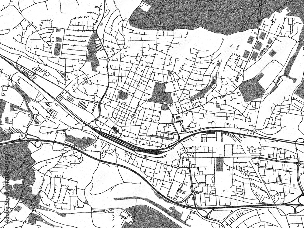 Fototapeta premium Detailed artistic sketch map of Goppingen, Germany, in monochrome black and white.