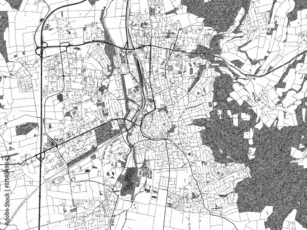 Fototapeta premium Illustrated map of Gottingen, Germany, in black and white hand-drawn digital style.