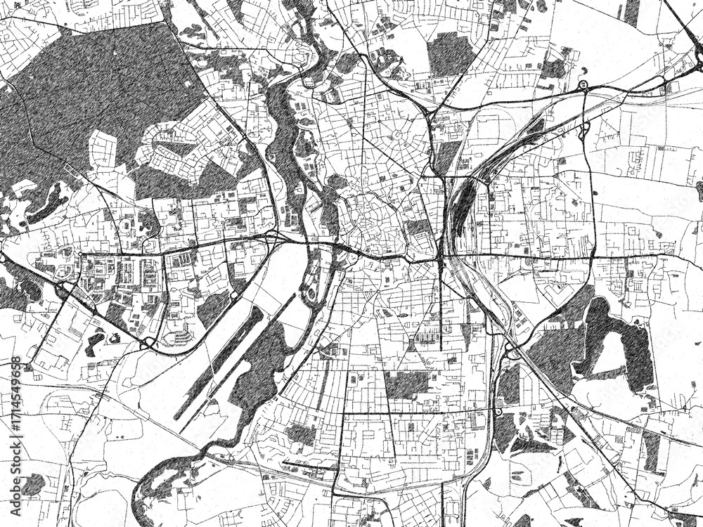 Naklejka premium Artistic urban sketch of Halle, Germany, detailed in black and white map form.