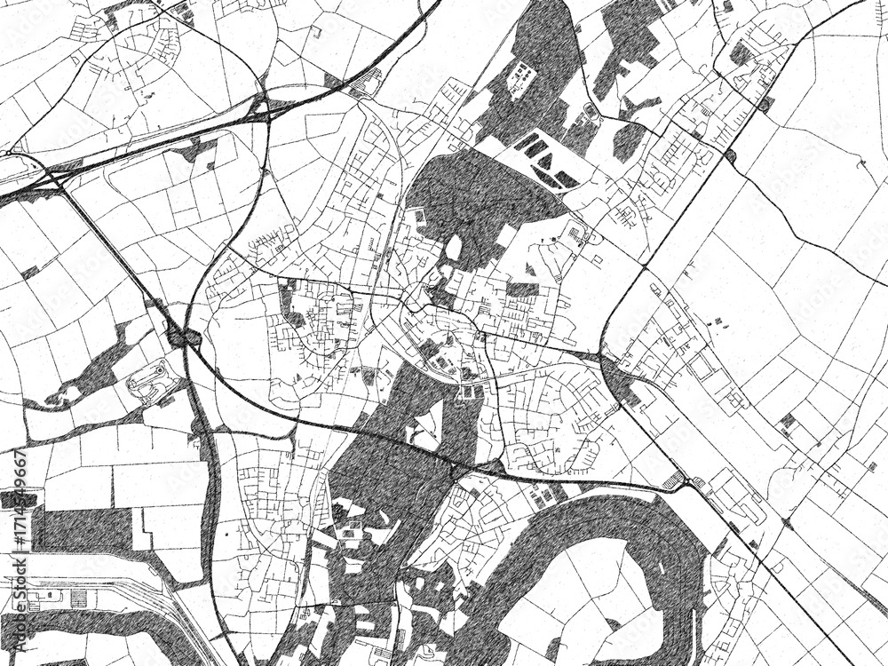 Naklejka premium Decorative black and white map of Grevenbroich, Germany, rendered in sketch-like style.