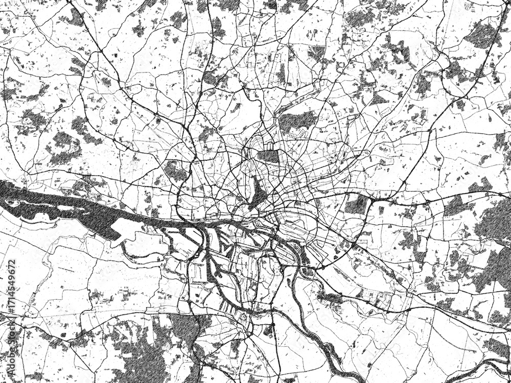 Obraz premium Hand-drawn style black and white city map of Hamburg Metropole, Germany, with detailed streets and textures.