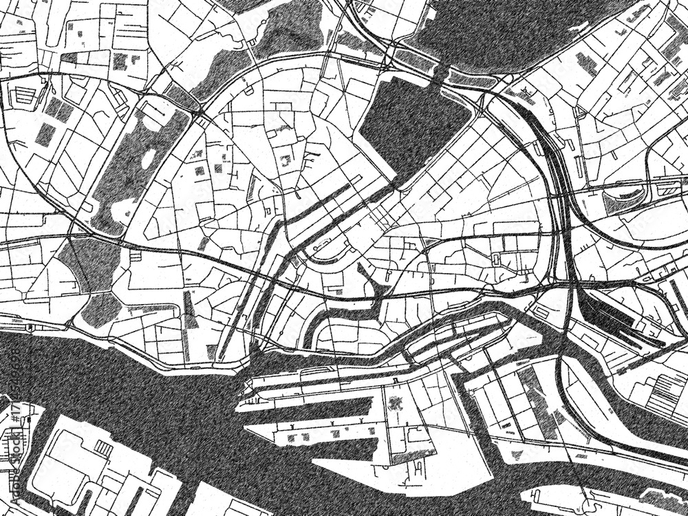 Naklejka premium Stylized decorative city map of Hamburg Zentrum, Germany, hand-drawn in black and white.