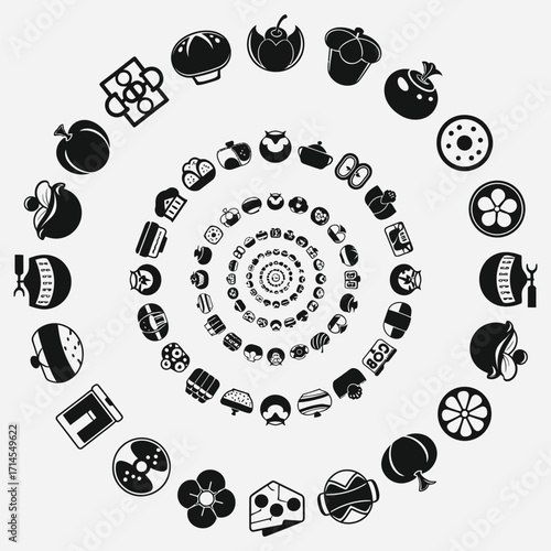 Circular array of stylized food illustrations in a spiral pattern, monochrome design