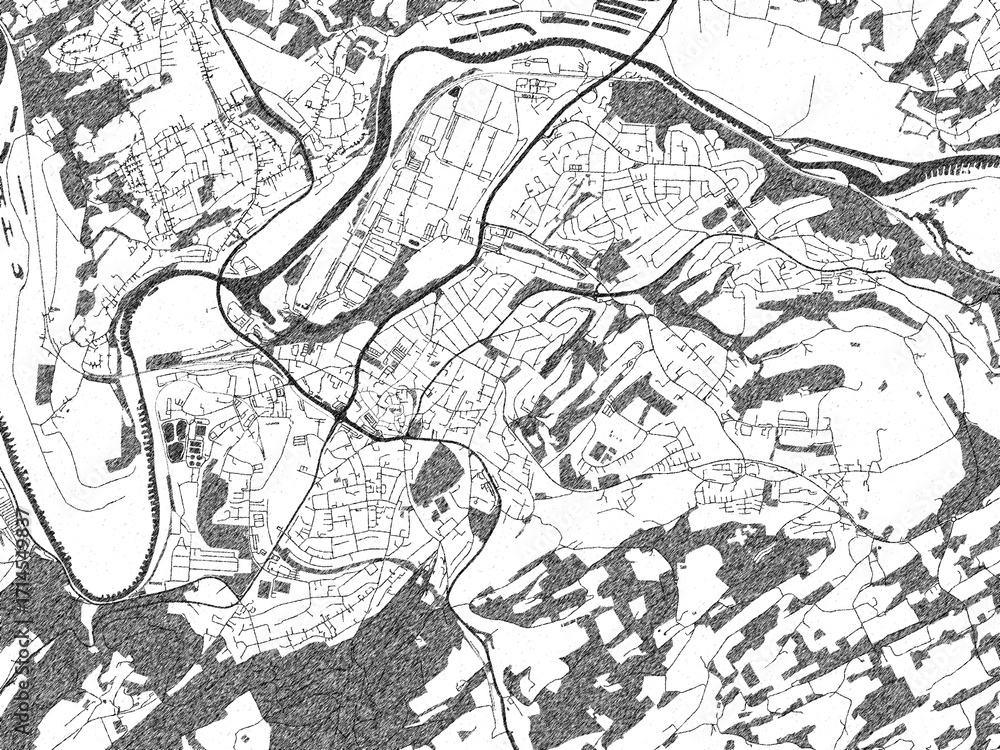 Naklejka premium Detailed artistic sketch map of Hattingen, Germany, in monochrome black and white.