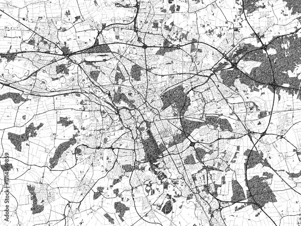 Fototapeta premium Poster-ready black and white illustration map of Hannover, Germany, detailed and artistic.