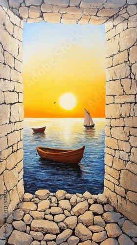 Serene Sunset Seascape Viewed Through a Stone Archway