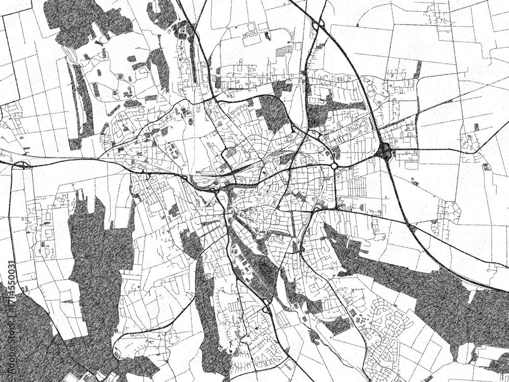 Naklejka premium Decorative black and white map of Hildesheim, Germany, rendered in sketch-like style.