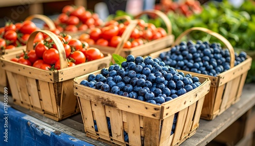 Close-up image displaying baskets overflowing with produce. The selection includes vibrant tomatoes and plump blueberries, a visual feast