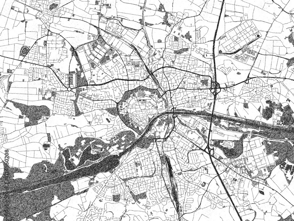 Naklejka premium Artistic monochrome city map of Ingolstadt, Germany, created in a hand-drawn style.