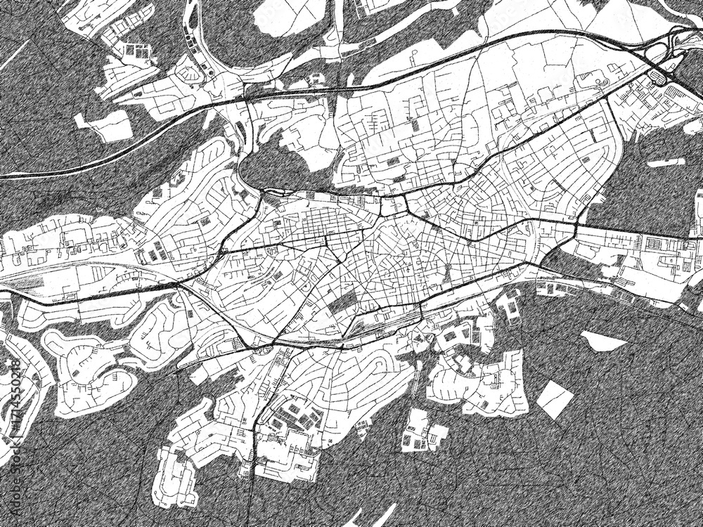 Naklejka premium Stylized black and white urban map of Kaiserslautern, Germany, hand-drawn for decor and creative use.