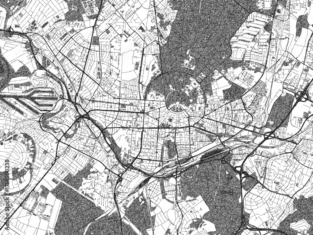 Fototapeta premium Illustrated city map of Karlsruhe, Germany, in black and white, showing roads and textures.