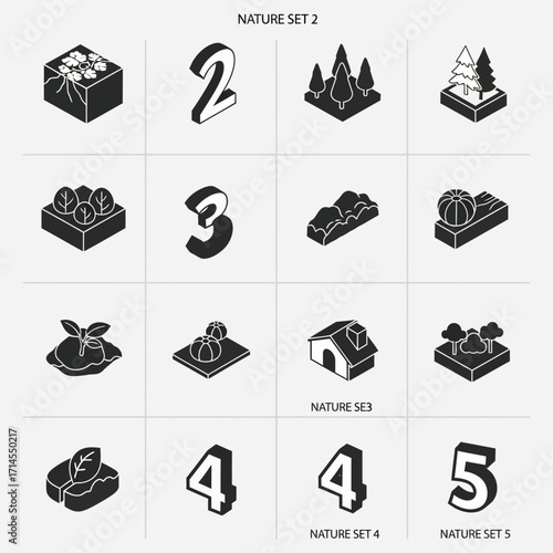 A collection of isometric illustrations depicting various elements of nature and rural life, presented in a clean, monochromatic design style