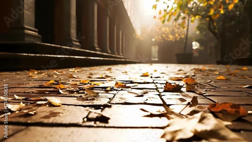 Low-angle shot of a brick sidewalk strewn with autumn leaves, warm sunlight filtering through trees along a quiet street.