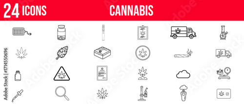 Cannabis icon set featuring 24 line art symbols for medical, recreational, and delivery services, a versatile graphic collection.