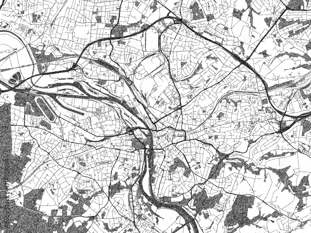 Naklejka premium Artistic urban sketch of Mulheim, Germany, detailed in black and white map form.