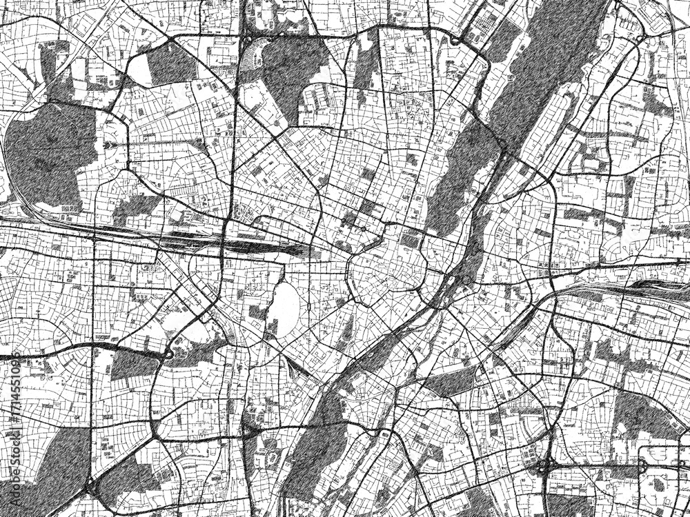Naklejka premium Illustrated map of Munchen, Germany, in black and white hand-drawn digital style.