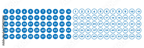 Set of 1 to 55 numbers simple design isolated. Typography set of rounds 1 to 55 Numbers. Bullet point number icons collection. Numeral typographic line and flat icons set. Vector illustration