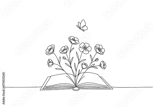Line art illustration of flowers blooming from an open book with a butterfly representing knowledge and nature intertwined