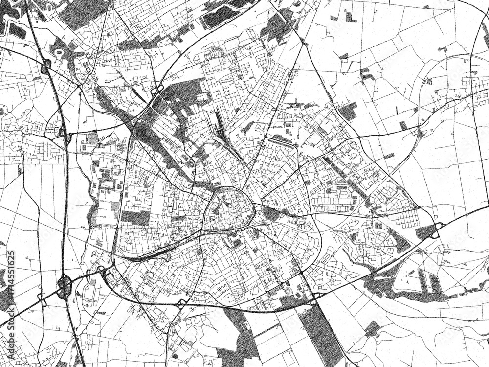 Fototapeta premium Poster-ready black and white illustration map of Paderborn, Germany, detailed and artistic.