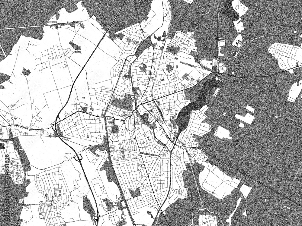 Fototapeta premium Black and white illustrated map of Oranienburg, Germany, with streets, rivers, and neighborhoods.