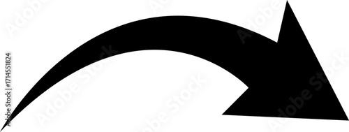 Curved black arrow icon, simple downward right arc arrow symbol for direction, navigation, guide and graphic design isolated on white background
