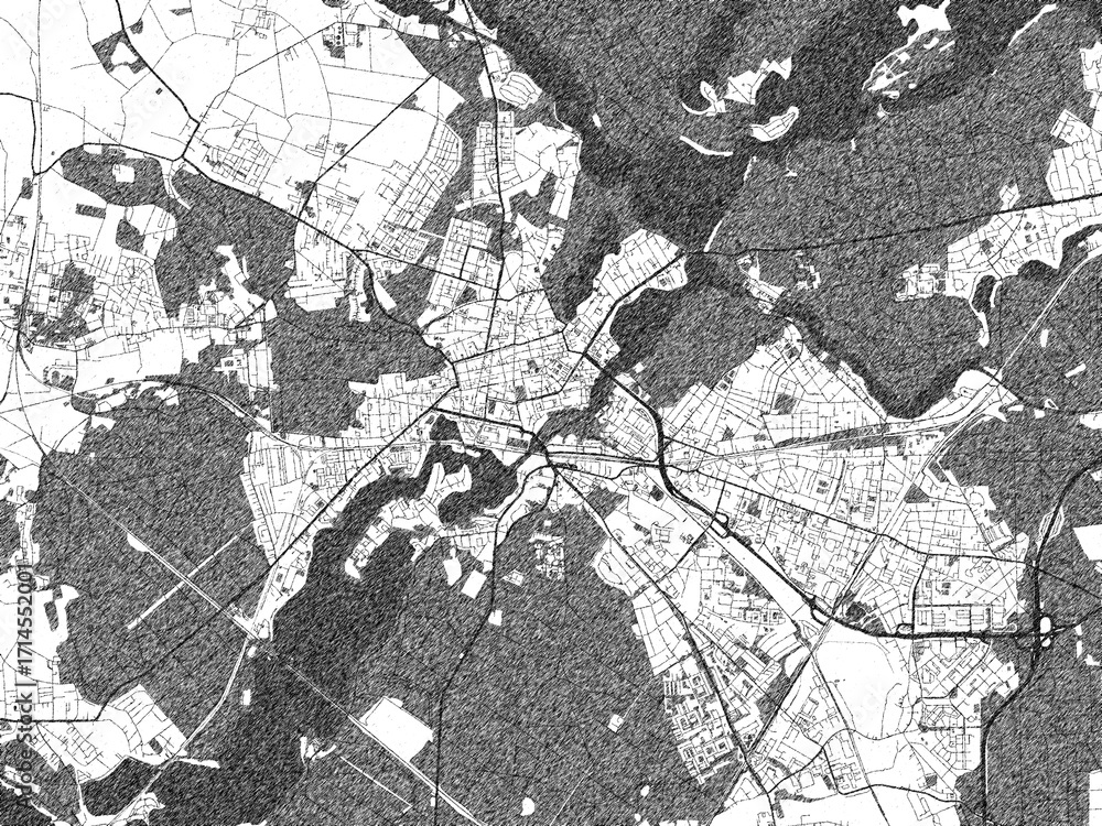 Fototapeta premium Illustrated map of Potsdam, Germany, in black and white hand-drawn digital style.