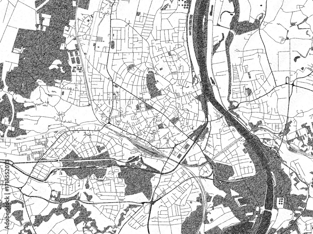 Fototapeta premium Hand-drawn black and white city map of Rosenheim, Germany, ready for wall art or editorial projects.