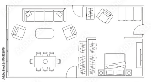 Architectural interior floor plan with room layout, furniture placement, and decorative modern schematic design.