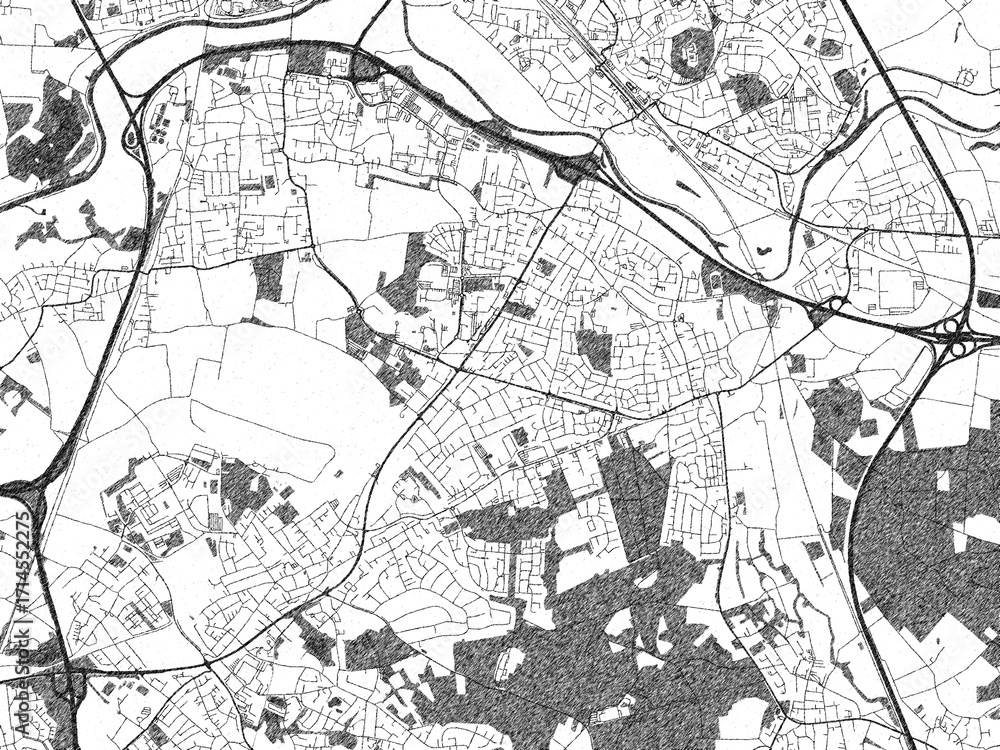 Fototapeta premium Stylized black and white urban map of Sankt Augustin, Germany, hand-drawn for decor and creative use.