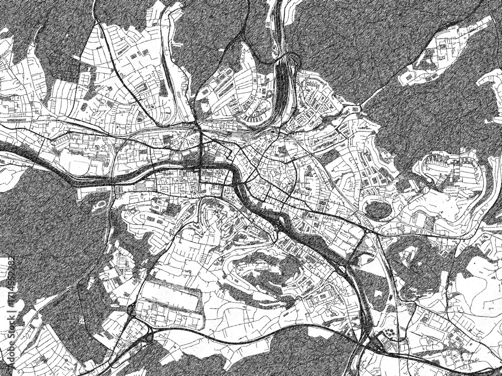 Naklejka premium Black and white map poster of Saarbrucken, Germany, illustrated in hand-drawn style.
