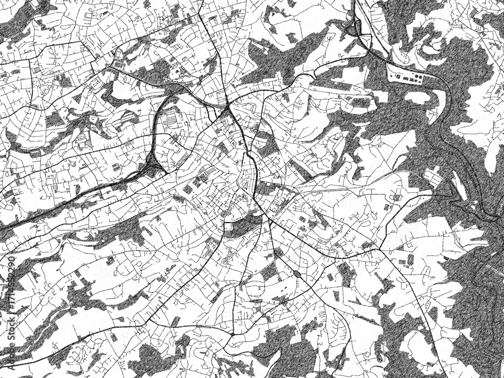 Obraz premium City map illustration of Solingen, Germany, rendered in black and white sketch style.