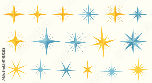 Decorative pattern of radiant colorful starbursts on a white background, cosmic abstract vector illustration.