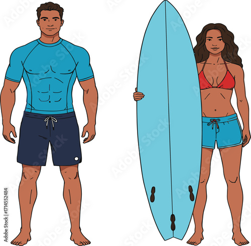 Beach, surfing, cartoon, summer, surfboard, man, woman, bikini, shorts, ocean, fun, lifestyle, active, sport, wave, outdoor, illustration, culture, adventure, tropical