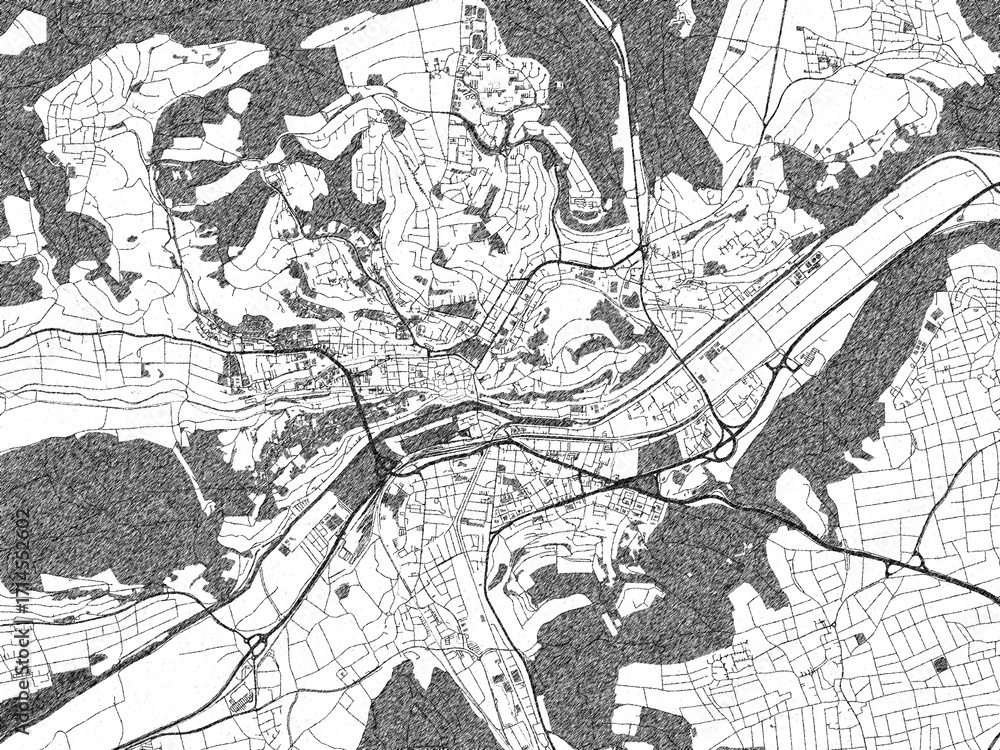 Naklejka premium Monochrome hand-drawn map of Tubingen, Germany, ideal for decorative and editorial use.