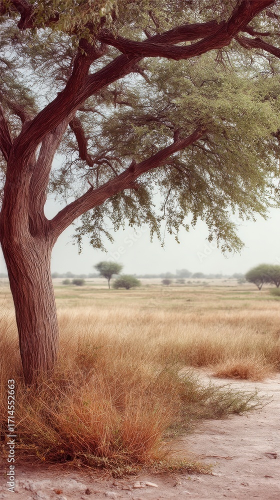 Fototapeta premium African Savanna Landscape with Acacia Tree, Golden Grassland, and Distant Horizon