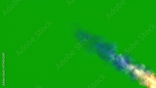 Fiery meteor streak with colorful smoke trails against a vibrant green screen background