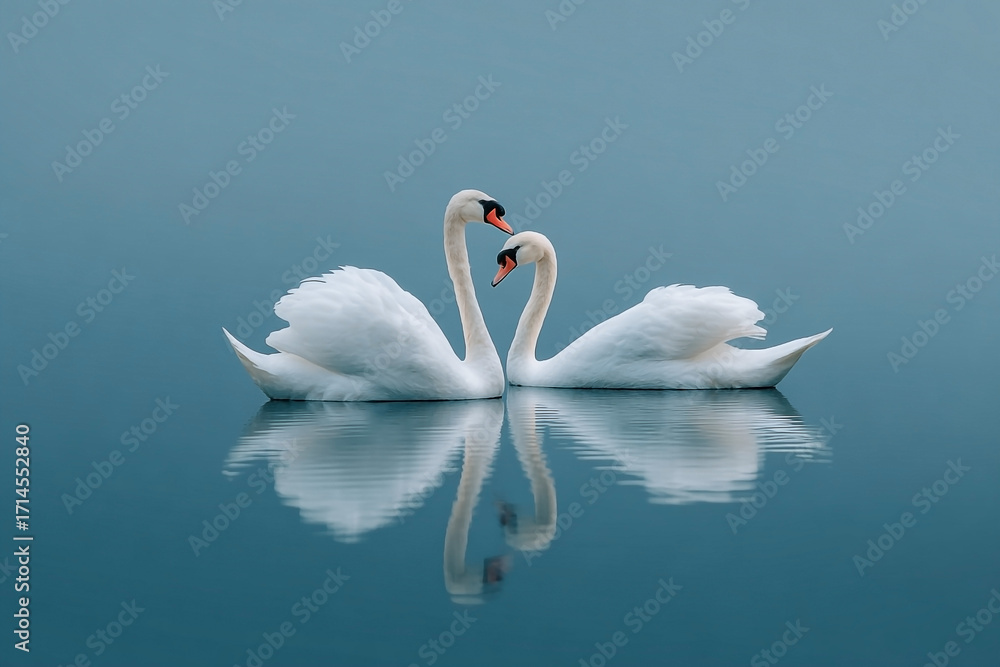 Fototapeta premium Serene Symphony: A Pair of Swans Gracefully Mirroring on a Calm Lake