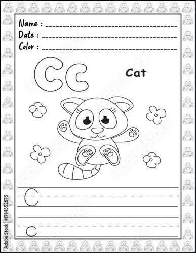 Bold and Easy Alphabet Coloring Page with Cute Animals for Adults and Kid. High resolution (300 DPI), Ready to print on standard 8.5x11-(A4) inch paper With (No Bleed), Black and White. Vector 